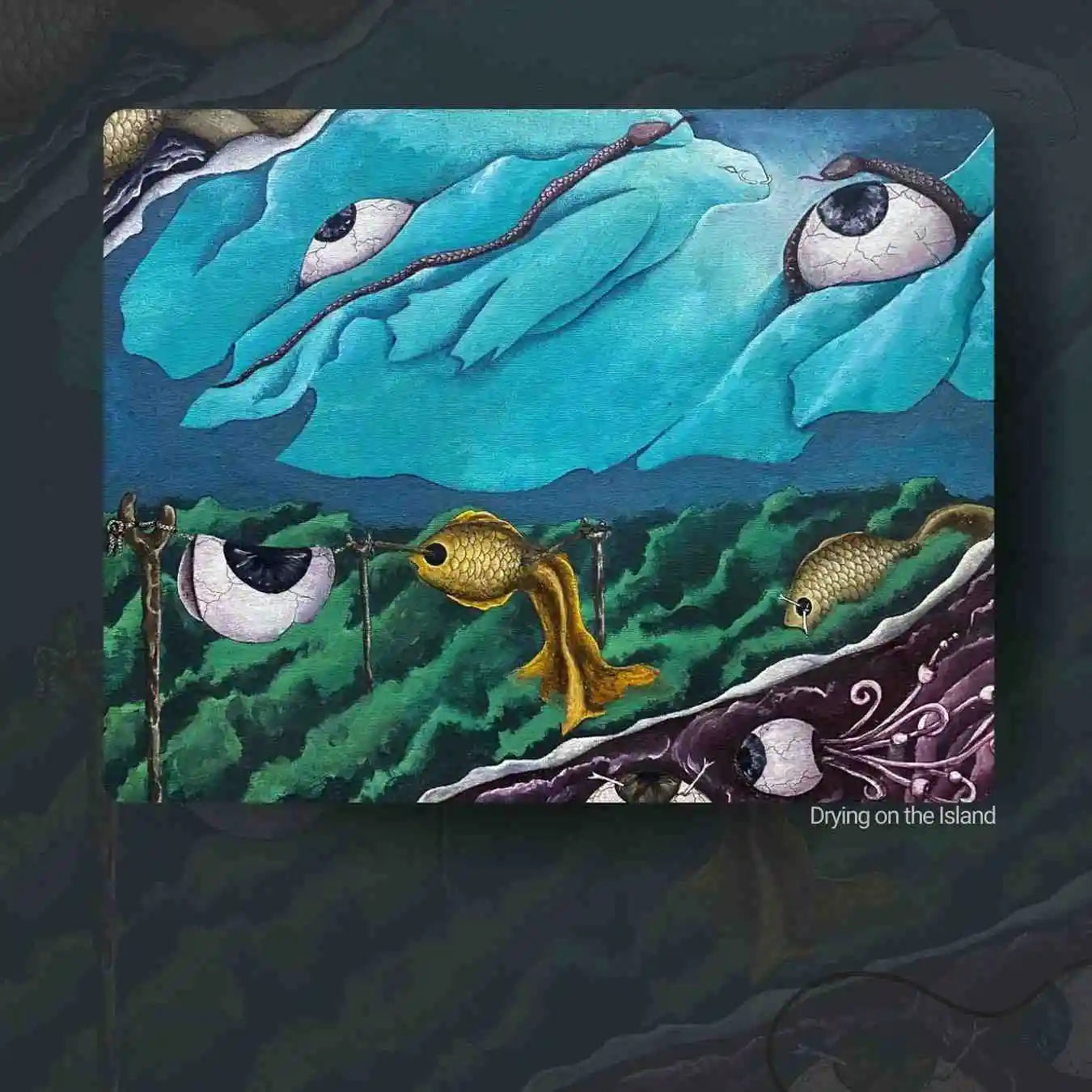 Drying on the Island original surreal mixed media painting on canvas