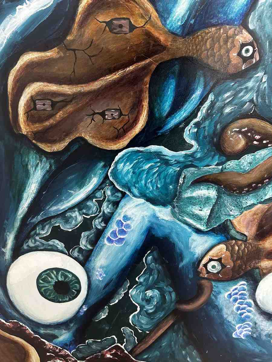 In the Deep Ocean original surreal mixed media painting on canvas